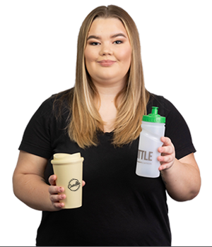 Nicole with the Biodegradable Sports Bottle and the Universal Bio Travel Mug
