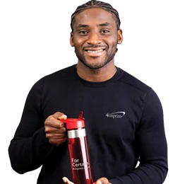 4imprint employee Lanre holding the Sicilia Tritan Water Bottle