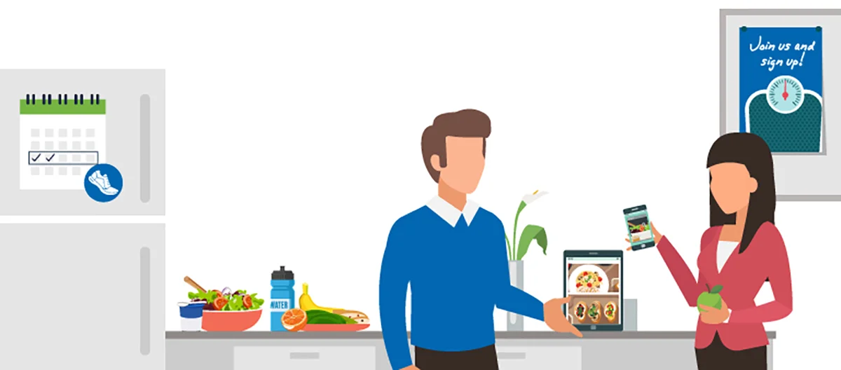 Clipart of two employees eating healthy in a breakroom
