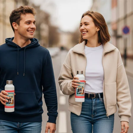 two people talking while walking holding logoed insulated mugs