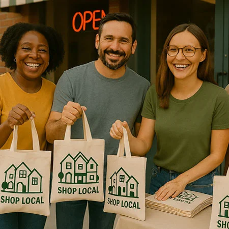 group of people holding custom printed tote bags