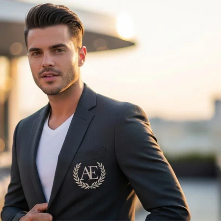 person wearing a logoed jacket