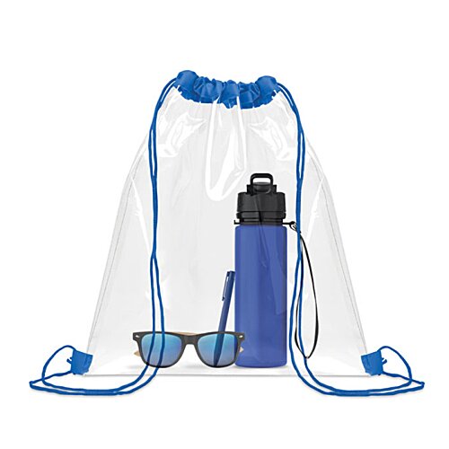 Additional Image 2 - a clear bag with a blue handle and a blue bottle and sunglasses