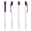 a row of purple and white pens