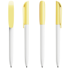 a row of pens with yellow caps