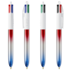 a group of pens with red white and blue liquid