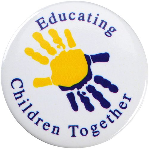 Additional Image 3 - a white button with blue and yellow handprints and text