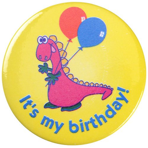Additional Image 7 - a yellow button with a cartoon dinosaur holding balloons
