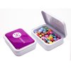 a plastic container with a purple container with buttons inside