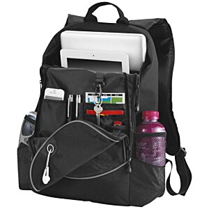 Additional Image 3 - a black backpack with a bottle of water and a book