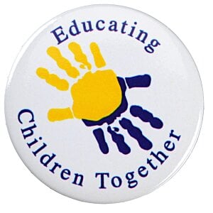 Additional Image 4 - a white button with blue and yellow handprints and text