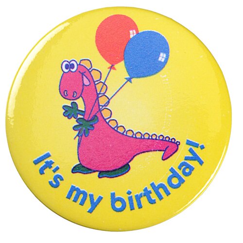 Additional Image 3 - a yellow button with a cartoon dinosaur holding balloons