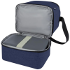 a blue lunch box with a black strap