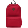 a red backpack with a brown patch