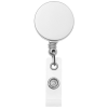 a white badge holder with a round white circle