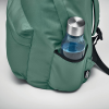 a green backpack with a bottle in it