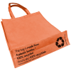 an orange bag with black text