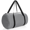 a grey duffel bag with black straps