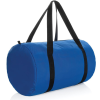 a blue duffel bag with black straps