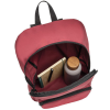 a red backpack with a black strap