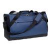 a blue and black duffel bag