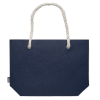 a blue bag with white handles