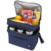 a blue lunch bag with food inside