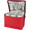 a red cooler bag filled with rolls of paper