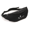 a black waist bag with a strap