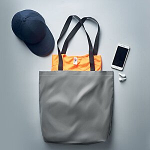 Additional Image 3 - a grey bag with a black strap and a hat