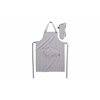 a white apron with a black handle