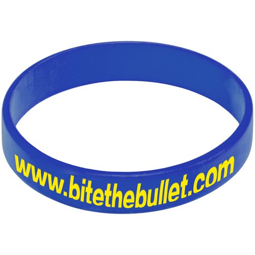 Additional Image 3 - a blue rubber bracelet with yellow writing