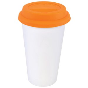 Additional Image 1 - a white and orange plastic cup with a lid