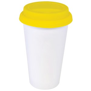 Additional Image 2 - a white and yellow plastic cup with yellow lid