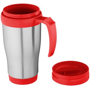 Additional Image 1 - a stainless steel travel mug with a red lid