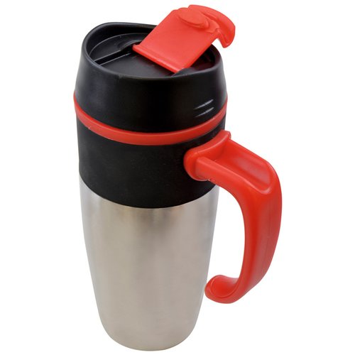 Additional Image 4 - a stainless steel mug with a red handle