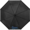 a black umbrella with blue writing