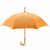 an orange umbrella with a curved handle