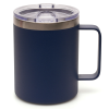 a black mug with a silver handle