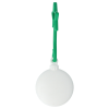 a white ball with a green handle