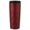 a red tumbler with a black lid