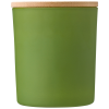 a green cup with a brown rim
