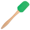 a green spatula with wooden handle