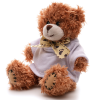 a stuffed bear wearing a white shirt