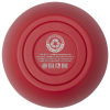 a red frisbee with white text