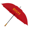 a red umbrella with yellow writing