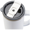 a white mug with a black lid