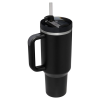 a black coffee mug with a straw