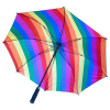 a rainbow colored umbrella with a black handle