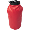 a red water bottle with a black strap